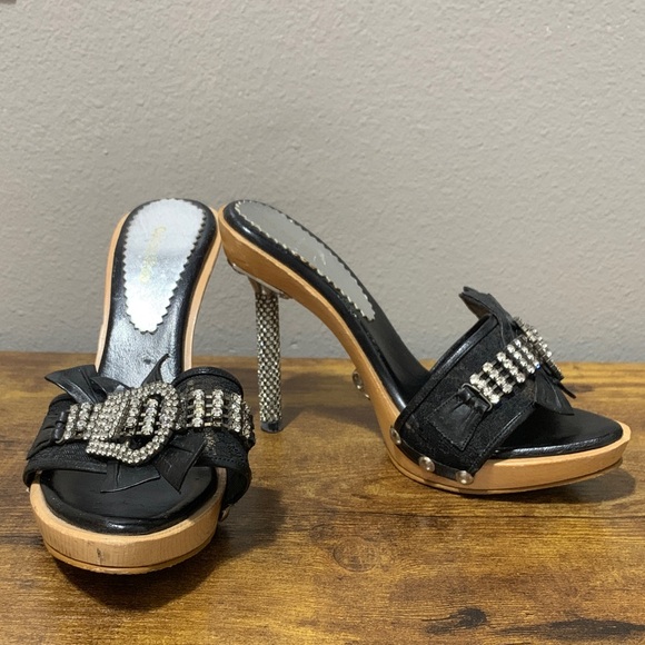 Ce Fou Shoo Black With Rhinestone Wood Heels Size 8 - Picture 1 of 8